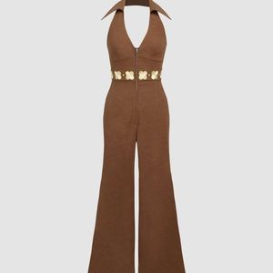 NWT Cider Floral Trim Corduroy Halter Jumpsuit Size M - 70s Disco Halloween